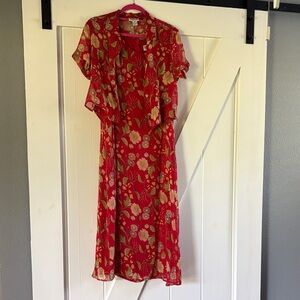 BOBBIE BEE Red Green and Cream Floral Midi Dress
